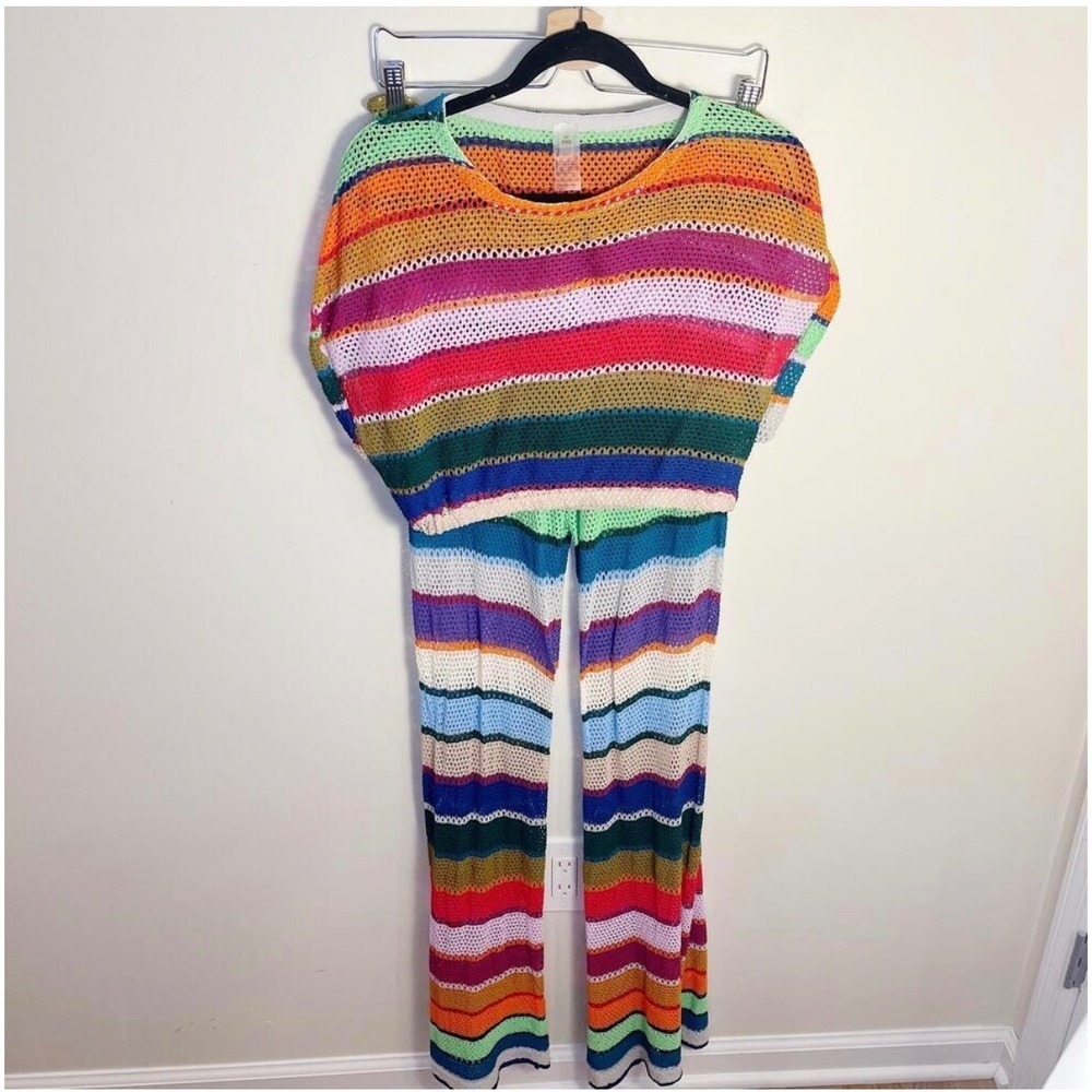 PQ Swim 2 Piece Set Womens M/L Multi Rainbow Stripe Crochet Knit Crop Top Pants - Picture 8 of 8